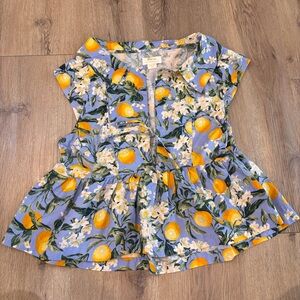 Maeve Anthropologie Women’s Floral Lemon AOP Babydoll Blouse Blue Size M